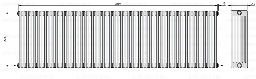 Схема (чертеж) Радиатор Zehnder Charleston 6250/55 №2670 Белый глянцевый RAL 9016